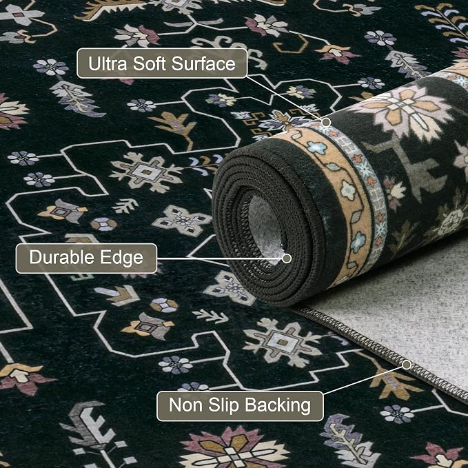 Area Rugs 10x14 Living Room Rug: Washable Rug Soft Vintage Boho Medallion Carpet Indoor Floor Non-Slip Stain Resistant Large Carpets for Bedroom Dining Room Farmhouse Nursery Home Office Black