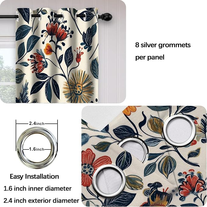 iTapnoom Floral Leaves Blackout Curtain, Red Yellow Boho Flowers Aesthetic Art Window Curtains Darkening Thermal Insulated Grommet Window Drapes for Living Room Bedroom Decor 2 Panels 52x84 Inches