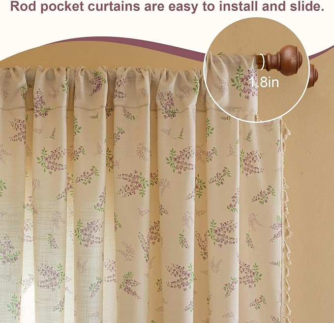 OYX Purple Floral Curtains 96 Inch Length Linen Farmhouse Curtain Rod Pocket Drapes for Living Room Bedroom Light Filtering Vintage Curtains, 2 Panels, 52Wx96L