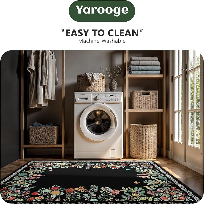 5x7 Area Rugs, Ultra-Thin Soft Rugs for Bedroom, Indoor Non-Slip Washable Rug for Living Room, Dining Room, Low Pile Home Decor Floral Rug(Black)
