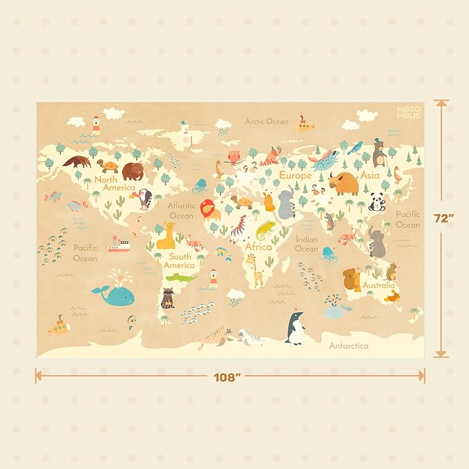Hazo Haus Large Kids Rugs for Classroom - 6x9 Kids Room Rug with Animal & Educational World Map Area Rug - Washable, Non-Slip, Stain Resistant, Soft & Safe for Child, Playroom Essentials - Soft Beige