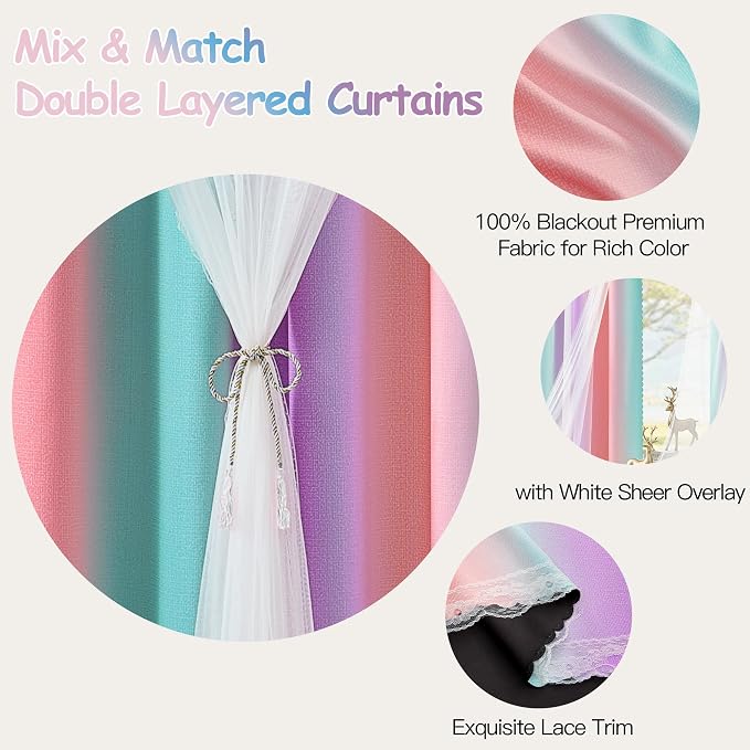 XiDi Double Layer Curtains for Nursery Girls Bedroom 84 Inches Long Full Blackout for Kids Princess Room Colorful Rainbow Design Unicorn Wall Decor Ombre Pink Purple Green Curtains W52 X L84 2 Panels