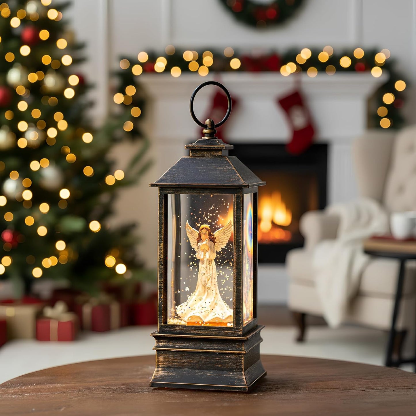 10'' Musical Snow Globe Lantern Lighted Angel with Dove Water Lantern Swirling Glittering Home Decoration and Gift, Battery Operated or USB Powered
