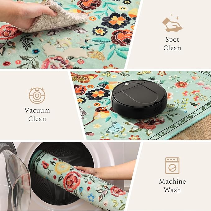 Rugflix 2x3 Small Area Rugs for Entryway, Washable Entrance Door Mat Non-Slip, Soft Low Pile Stain Resistant Vintage Floral Indoor Throw Rug for Kitchen, Bedroom, Hallway, Green