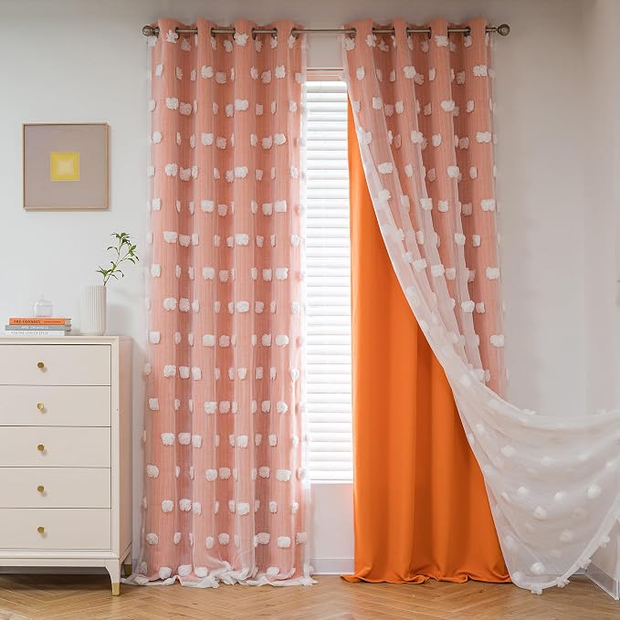 MYSKY HOME Nursery Curtains for Girl Bedroom Orange Curtains 72 Inches Long Pom Pom White Sheer Curtains for Kids Room Double Layer Toddler Bedroom Grommet Room Darkening Window Panels 52 x 72 in