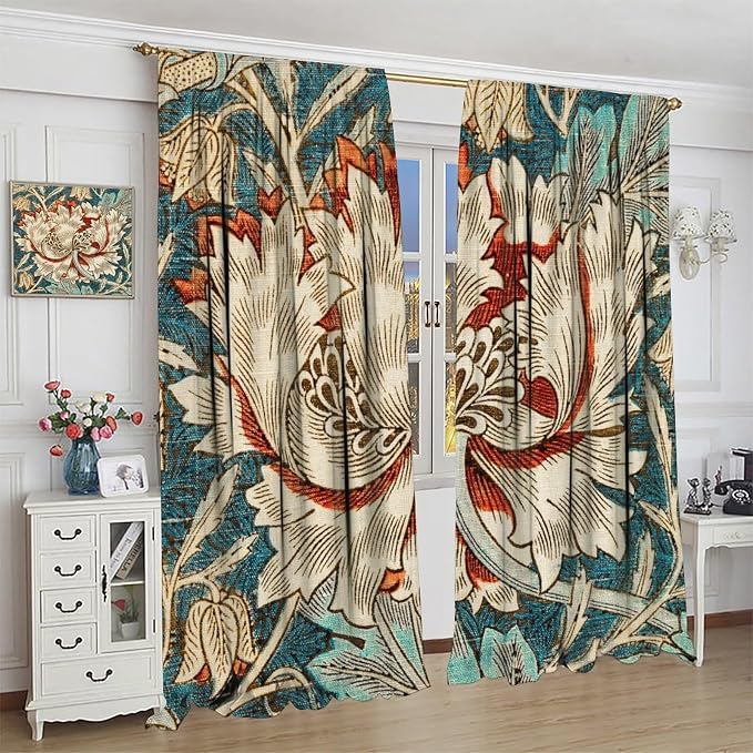 William Morris Plant Floral Blackout Window Curtains, Bohemian Vintage Rustic Flowers William Morris Art Style Window Drapes, for Bedroom Living Room 72x63in