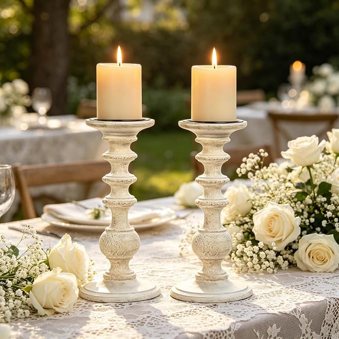 Hosley Set of 4 11 Inch High White Wooden Pillar Candle Holder Country Style Ideal for Weddings or Parties as Well as Home Decor