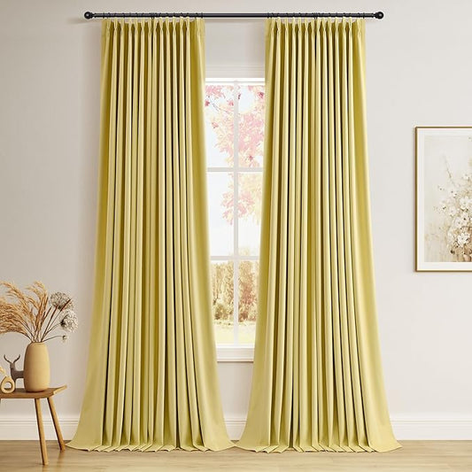 Joywell Yellow 100% Blackout Pinch Pleat Linen Curtains 110 Inch 2 Panels Insulated Thermal Fall Blackout Drapes for Bedroom Living Room Darkening Cottage Farmhouse Pinch Pleated Curtains 40x110