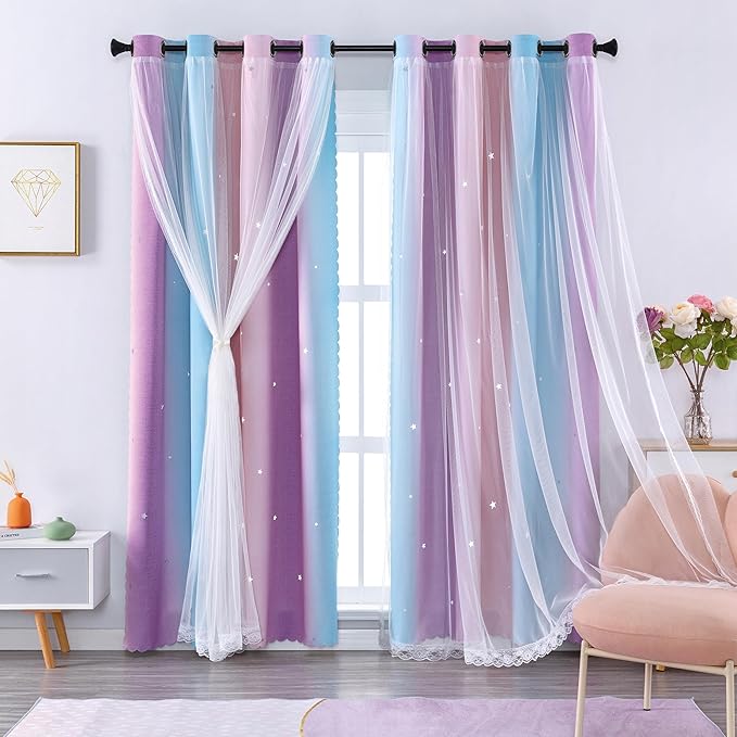 XiDi Curtains for Bedroom Decor, Kids Room Curtains for Girls Rainbow Colour, Pink Purple/52/120