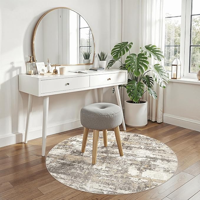 4ft Round Area Rugs for Living Room: 4x4 Abstract Washable Rug Modern Large Soft Stain Resistant Non-Slip Backing Machine Table for Bedroom Dining Room Indoor Home Office Carpet - Gold Brown