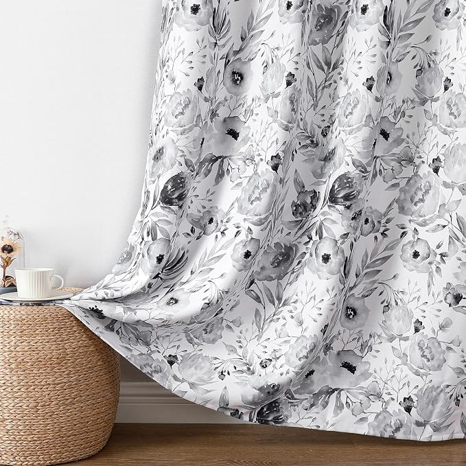 Joydeco Printed Curtains 96 inches Long,Gray Floral Blackout Curtains for Living Room 2 Panels,52 x 96 inch Rod Pocket Thermal Insulated Bohemian Drapes for Farmhouse,Bedroom,White