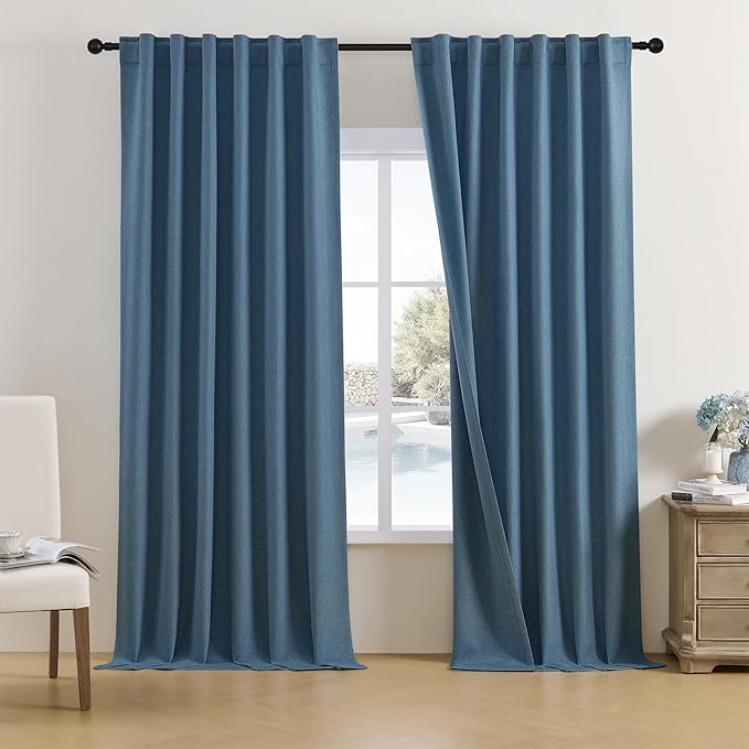 DUALIFE Blue Linen 100% Blackout Curtains 108 Inch Length 10FT Hall Curtains Back Tab Rod Pocket Drapes Thermal Insulated Textured Living Room Black Out Curtains 2 Panels Set 50x108