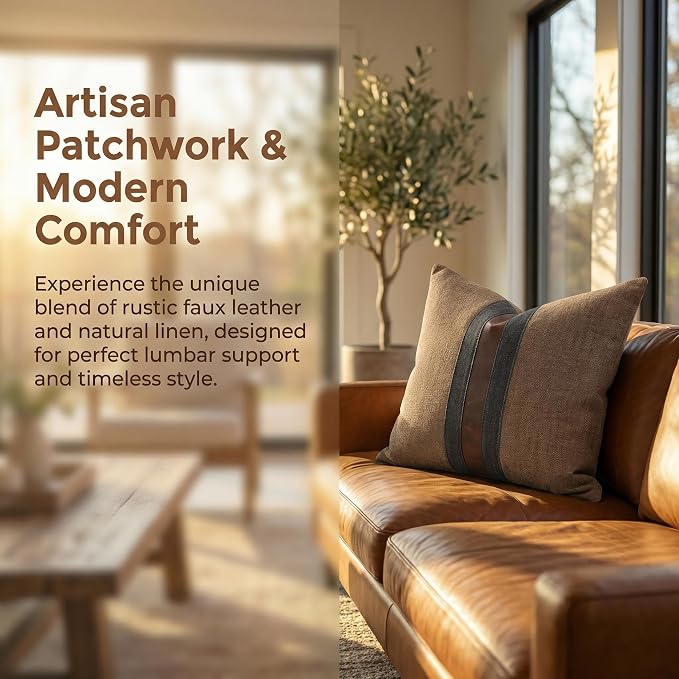 Set of 2 Leather Throw Pillow Covers Cotton Linen Decor Patchwork Pillow Cover Faux Leather Pillows Cover for Couch Sofa Living Room Bedroom,Coffee 20"x20"