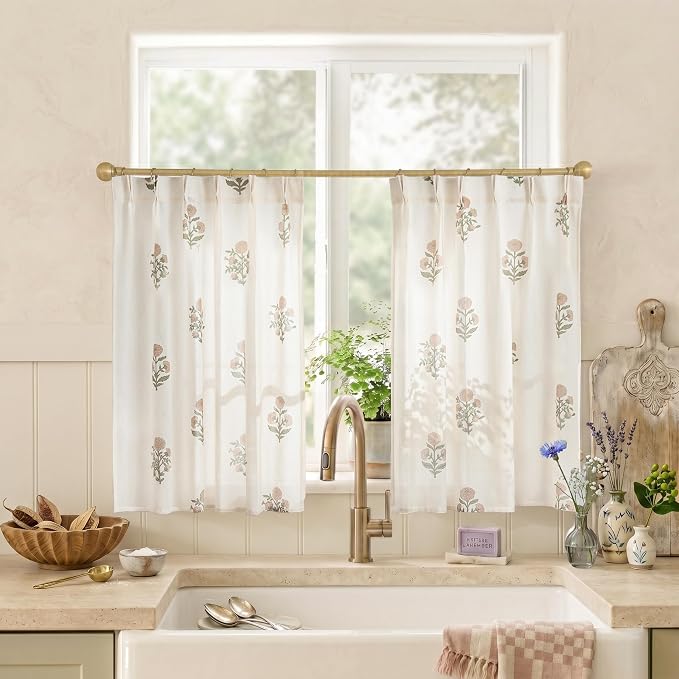 Lino Rosa Pink Short Floral Curtains for Bathroom Window, Vintage Cottage Core Pink and Green Linen Sheer Mini Cafe Curtains for Kitchen Girls Room 24 Inch Length