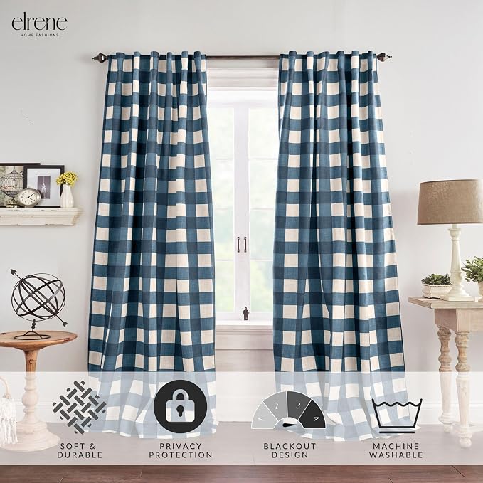Grainger Buffalo Check Blackout Window Curtain, Indigo - 52" W x 84" L
