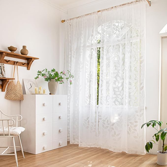 Treatmentex White Lace Sheer Curtains 63inch Vintage Leaf Knitted Window Curtain Drapes for Living Room Bedroom Light Filtering Privacy Country Retro Lace Sheers Rod Pocket 54" W 2Panels