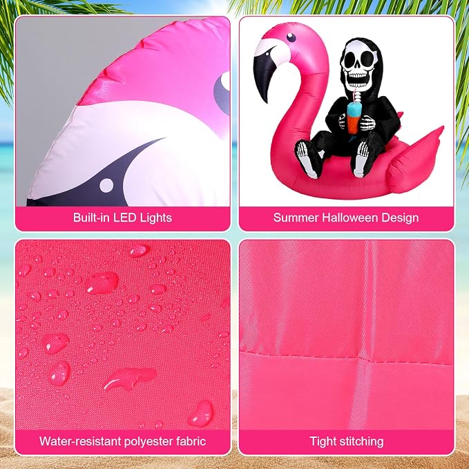 Jenaai 4 ft Summer Halloween Inflatable Decorations Blow up Yard Death Decors with LED Lights Death Figure Flamingo for Holiday Summer Halloween Party