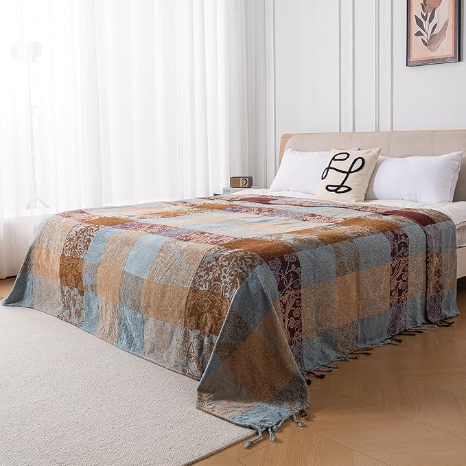 Bohemian Chenille Throw Blanket, Boho Jacquard Tassels Cover for Couch Bed, Decorative Sofa Slipcover Protector - Colorful Tribal Pattern (Vintage, 60 * 75 in)