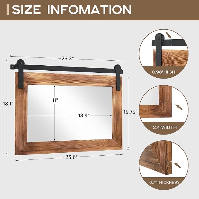COGOOD Farmhouse Barn Door Mirror - 25 X 18 Rustic Wood Framed Decrative Mirror for Bathroom, Living Room, Entryway Wall Decor (Brown)