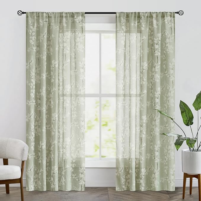 FMFUNCTEX Linen Sheer Curtains for Bedroom, Sage Green Blossom Print Curtains 84 Inches Long for Living Room,Floral Patterned Farmhouse Curtain Light Filtering Window Drapes 2 Panels, Rod Pocket