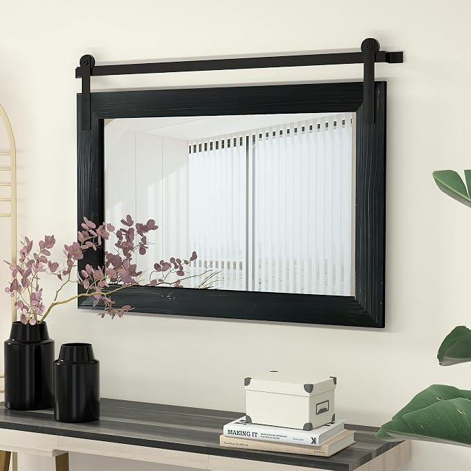 COGOOD Bathroom Mirrors for Over Sink - 41" x 30" Farmhouse Barn Door Mirror for Living Room, Entryway, Bedroom, Vanity Wall Decor Black