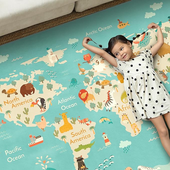 Hazo Haus Washable Large Kids Playroom Rug with Animal – 5x8 Educational World Map Area Rug for Kids Room – Non-Slip, Stain Resistant, Soft & Safe, Nursery, Classroom or Bedroom - Blue Ocean