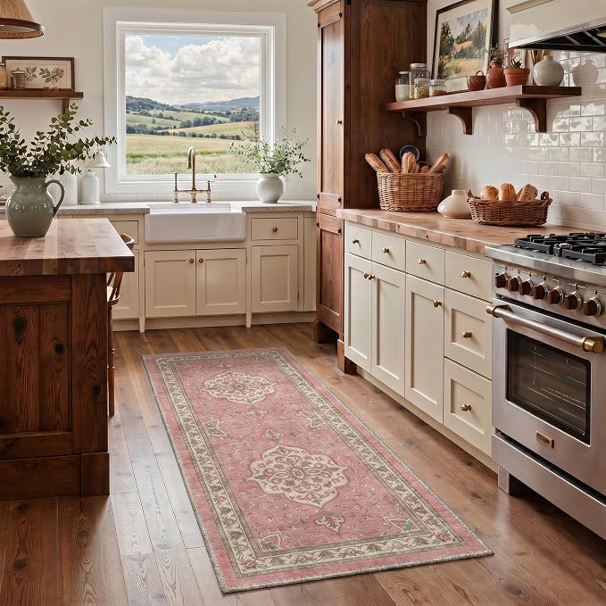 GENIMO 2x3 Rug Machine Washable Low Pile Indoor Entryway Mat for Kitchen Entrance Front Door Bathroom with Non Slip Backing Floral Medallion Dusty Pink