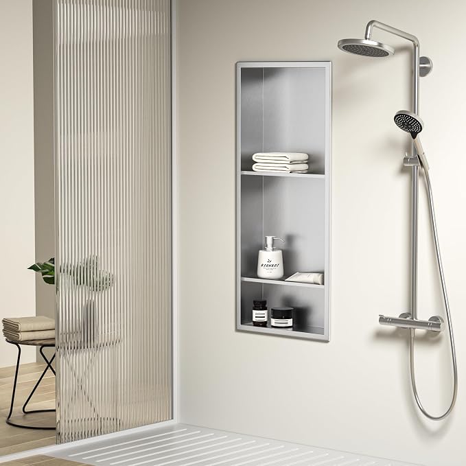 Stainless Steel Shower Niche 30" X 12" Brushed with 3-Tier Shelves No Tile Needed Niche Shower for Bathroom Storage Recessed Shower Shelf