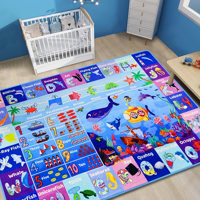 Extra-Large 6'7"×10' Ocean World Learning Rug with ABC, Sea Animals, Numbers & Shapes for & Preschoolers, Washable Non-Slip Activity Carpet for Playroom, Nursery, Classroom