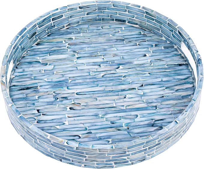 PEMAR 12.6” Mother of Pearls Lacquer Inlaid Round Serving Tray with Handles, Round Decorative Nacred Wooden Ottoman Coffee Table Tray (Blue Tiles)