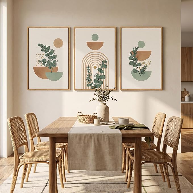 Large Framed Abstract Boho Wall Art for Living Room, 3 Piece Botanical Sage Green Plant Canvas Artwork for Walls, Minimalist Neutral Geometric Line Prints Paintings for Dining Room Hallway 20x30 Inch