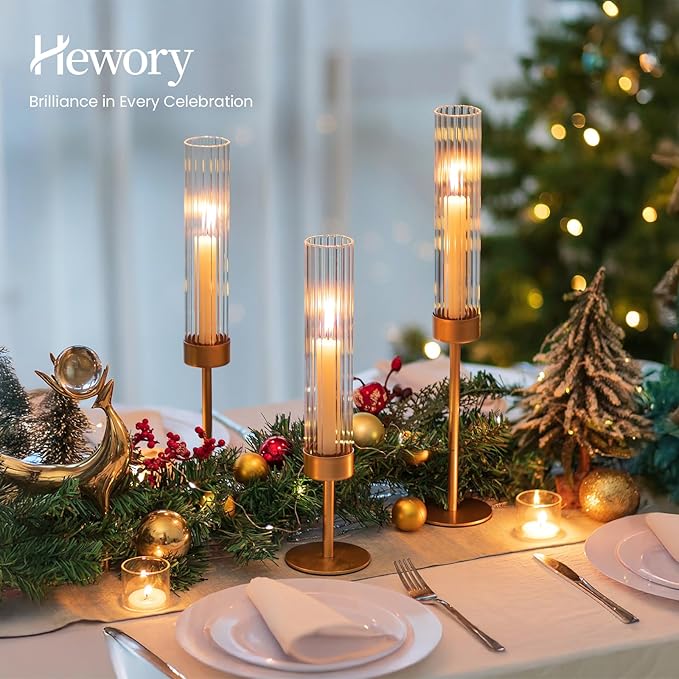 Hewory Gold Hurricane Candle Holder: 3PCS Candlestick Holders for Decor | Ribbed Glass, Brass Taper Candle Holders at 3 different heights, for Table Centerpiece Wedding Party Christmas Decorations