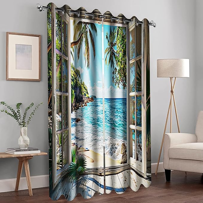 Ocean Beach Seaside Blackout Curtains Coast Palm Tree Sunshine Mountain Curtain Blue Sky White Clouds Summer Decor Women Men Girls Boys Bedroom Room Darkening Grommet Window Drapes 2 Panels, 52"x84"