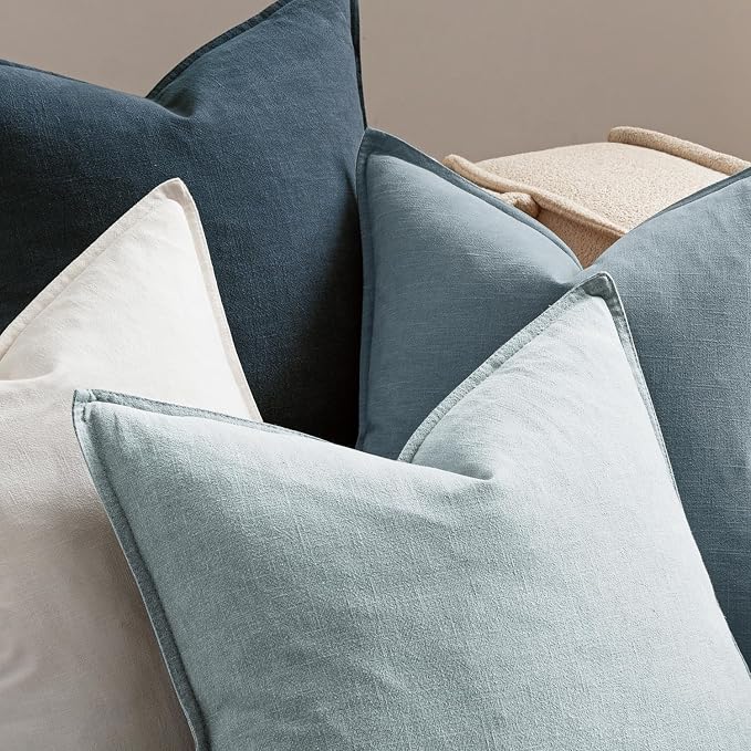 MIULEE Blue Boho Linen Decorative Pillow Covers 18x18 Inch Pack of 4 | Natural Throw Pillow Covers Soft Farmhouse Couch Pillowcases Modern Home Decors for Living Room Bed Sofa