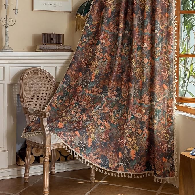 OYX Boho Floral Curtains 63 Inch, Linen Farmhouse Flower Drapes with Lace & Tassels, Light Filtering Semi Sheer Curtains for Living Room Bedroom, 2 Panels