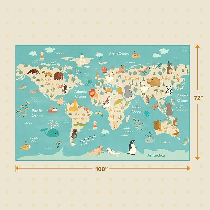 Hazo Haus Washable Large Kids Room Rug with Animal – 6x9 Educational World Map Area Rug for Bedroom – Non-Slip, Stain Resistant, Soft & Safe, Playroom Essentials - Blue Ocean