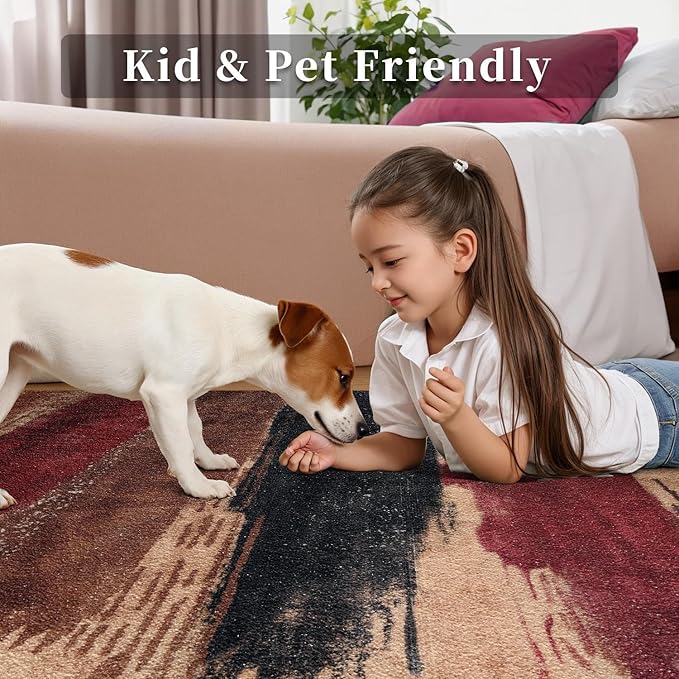 Ciicool Modern Abstract Red Black Rug for Living Room, 6'x9' Machine Washable Area Rug Non-Slip Rug, Low-Pile Contemporary Indoor Dining Floor Carpet for Bedroom Office Under Table Home Decor