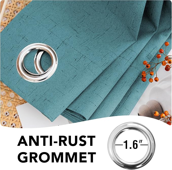 H.VERSAILTEX Linen Curtains 100% Blackout Curtains for Bedroom 90 inch Long Full Light Blocking Nature Linen Blended Window Curtains for Living Room Nickel Grommet (2 Panels, Teal)