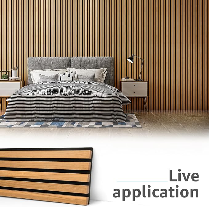 Art3d 4-Pack Acoustic Wood Slat Wall Panels for Interior Decor, 3D Fluted Sound Absorbing Wood Paneling for Accent Wall Ceiling Kitchen Living Room Bedroom Office, 94.5 x 7.9 inch Warm Teak
