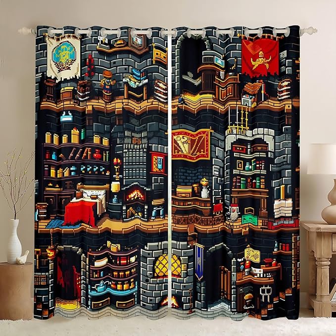 Castle Fairy Building Games Window Curtain,Sandbox Block Pixelated Bedroom Decor Curtains for Kids Boys,Miner Style Window Treatment Cartoon Checkered Blackout Drapes 2 Panels,38Wx45L