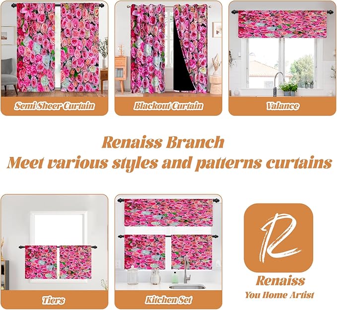 Renaiss 42 x 63 Inch Rustic Farmhouse Rose Flower Kitchen Curtains Purple Floral Small Short Cafe Window Curtain Linen Country Bathroom Drapes Treatment Tier Rod Pocket Curtains 2 Panels 2 Panels