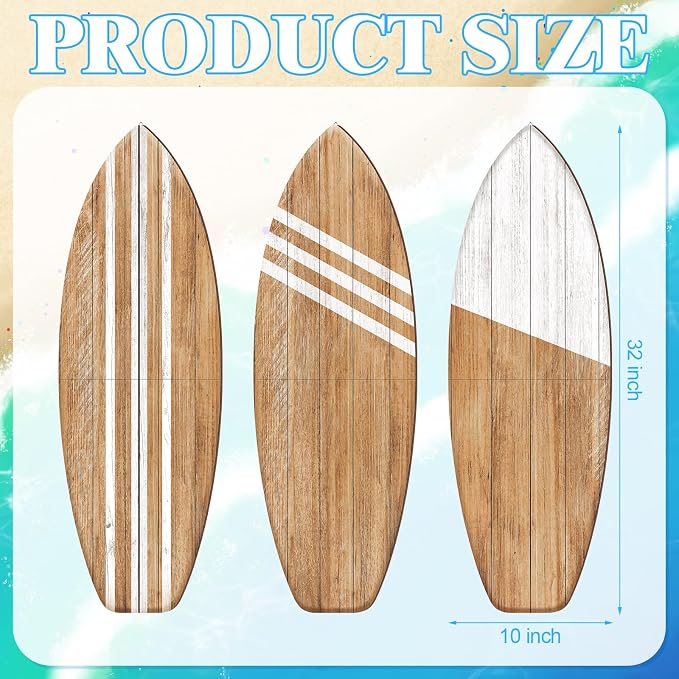 Yookeer 3 Pcs Surfboard Wall Decor,36" x 12" Large Wooden Coastal Beach Wall Decor Set, Aesthetic Cute Beachy Tropical Surf Board Art for Room Bedroom Decoration(Wood,Classic)
