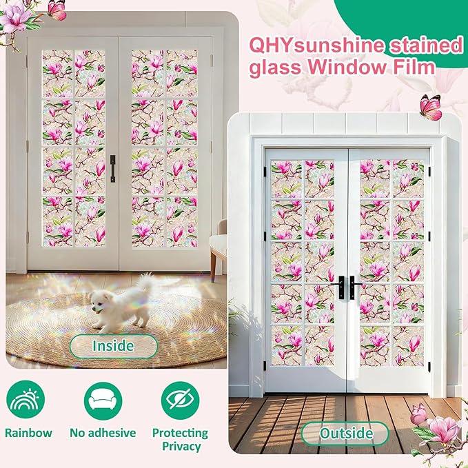 Window Privacy Film Stain Glass Window Film Rainbow Window Film Window clings Non-Adhesive Reusable Decorative for Room (Rainbow Magnolia, 17.5 X 78.7 in)