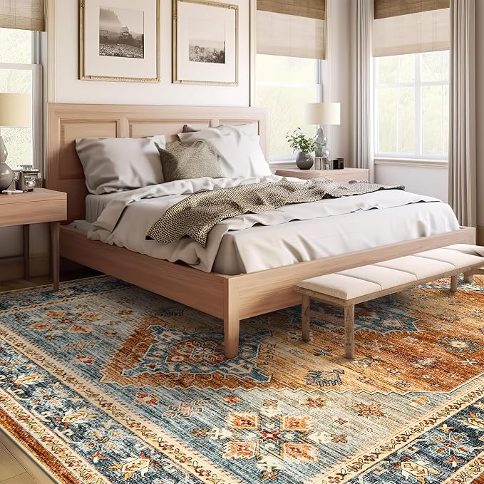 Roxstand Area Rugs 5x7, Low Pile Non-Slip Backing Rugs, Super-Soft Home Decor Washable Rugs 5x7 Under Table, Foldable Floral Vintage Area Rug for Living Room (Navy/Orange, 5'x7')