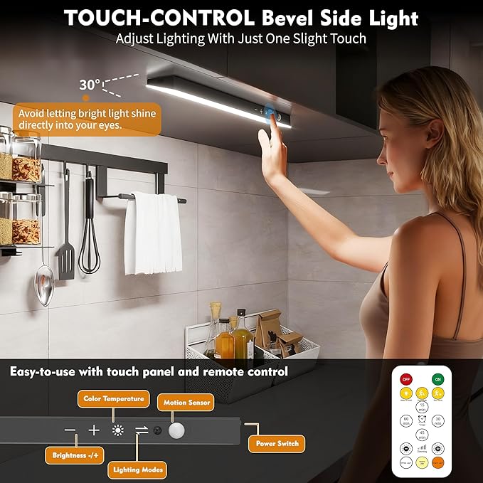 12inch 3Pack Touch Control Under Cabinet Lighting, 160LED Super Bright, 4000mAh Long-Lasting, Magnetic Rechargeable Motion Sensor Under Counter Lights for Kitchen, Closet, Remote, Dimmable, 3CCT丨Black