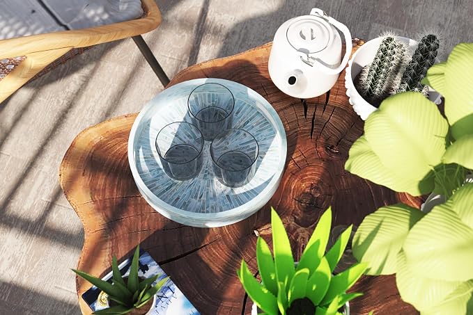 PEMAR 12.6” Mother of Pearl Round Serving Tray with Handles, Decorative Nacred Wooden Ottoman Coffee Table Tray (Teal Sunlight)