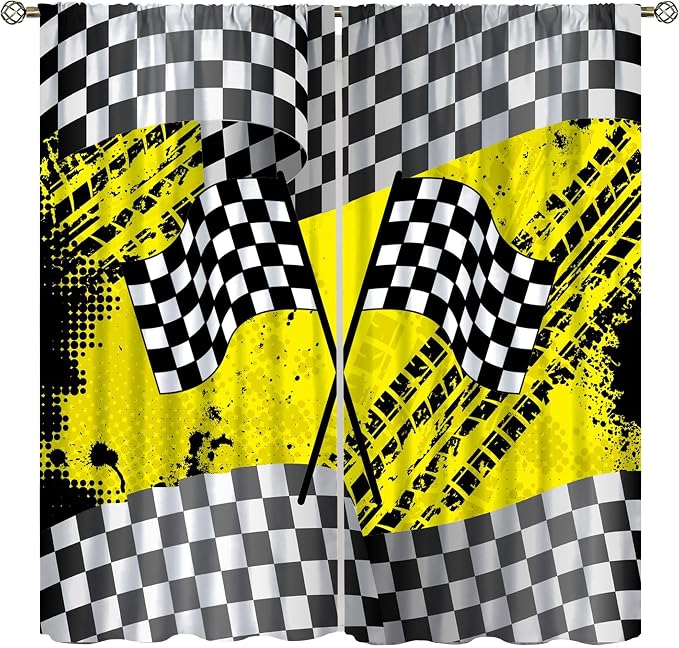 Race Car Window Curtains,Kids Teens Boys Checkered Flag Game Theme White Black Yellow Window for Dining Room Office Living Room Kitchen Bedroom Cafe Drapes, 42x63 in