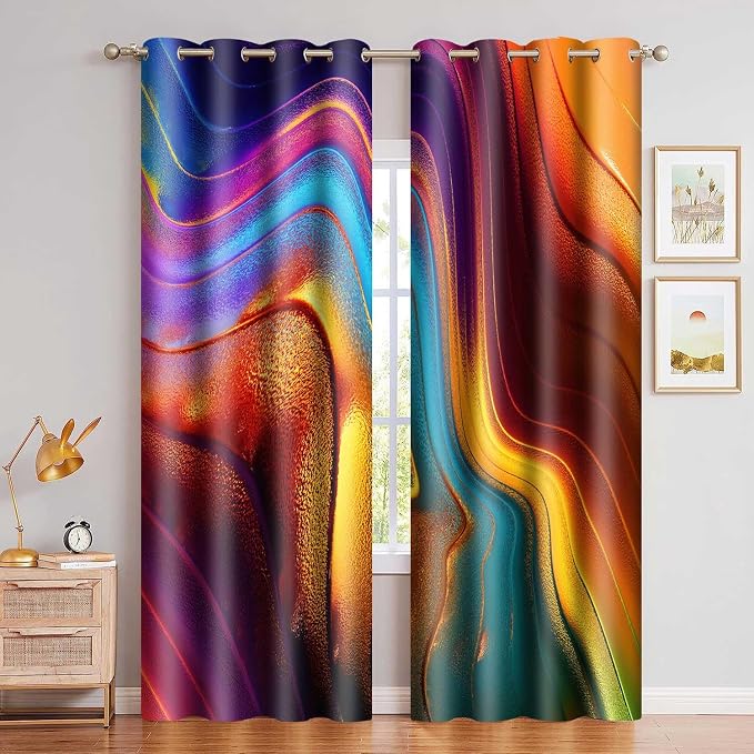 Colourful Fluid Curtains Modern Art Theme Abstract Blackout Drapes Nordic Design Stained Rainbow Glass Fluid Window Drapes for Bedroom Living Room Guest Room 2Panel 52x84inch CLOKMS0239 | Nordic Design Stained Rainbow Glass Fluid Window Drapes for Bedr...