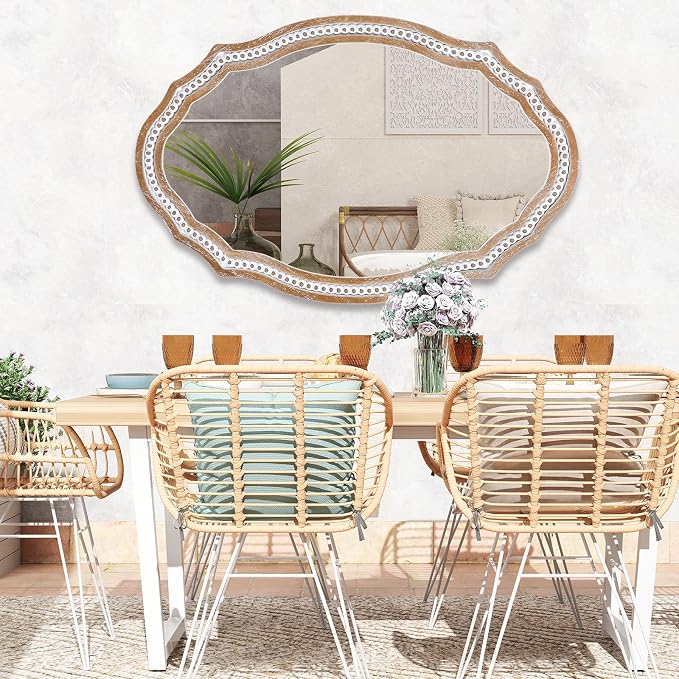 36x24 Inch Rustic Farmhouse Oval Mirror, Wooden Decorative Wall Mirrors | Hang Vertical or Horizontal, the Grain Look Adds Farmhouse Charm Above Bathroom Sink, Entryway, Living Room, Hallway