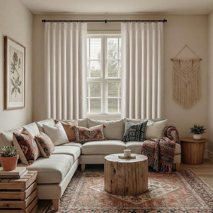 Pinch Pleated Look Blackout Curtains 84 Inch Length, 2 Panels Linen Textured Boho Neutral Drapes for Living Room Bedroom Farmhouse Vintage Rustic Window Curtains with Hooks